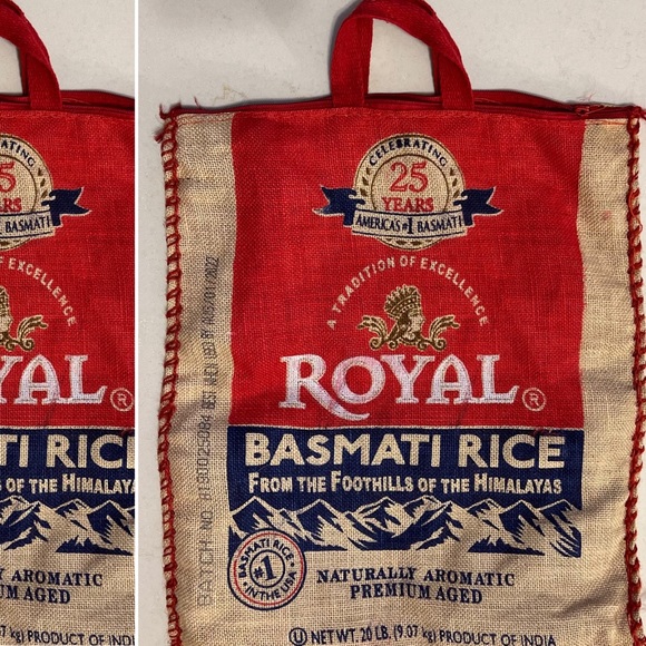ROYAL BASMATI Empty Rice BURLAP Bag RED Handles & Zipper / Purse Tote Sack Craft - Picture 6 of 16